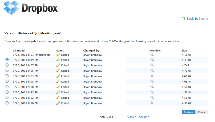 dropbox, version history