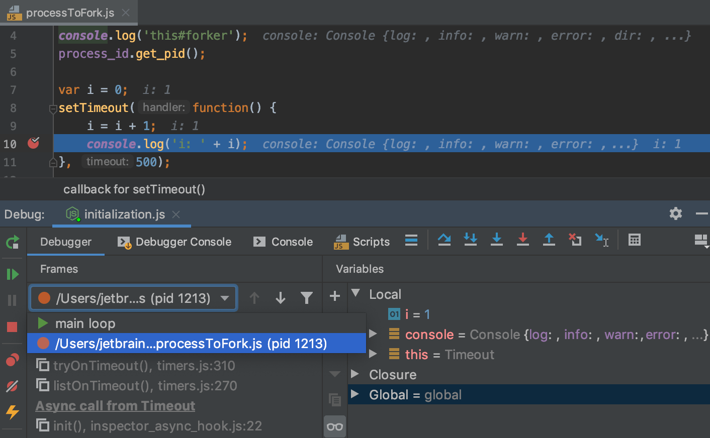 Дебагер JavaScript в WebStorm